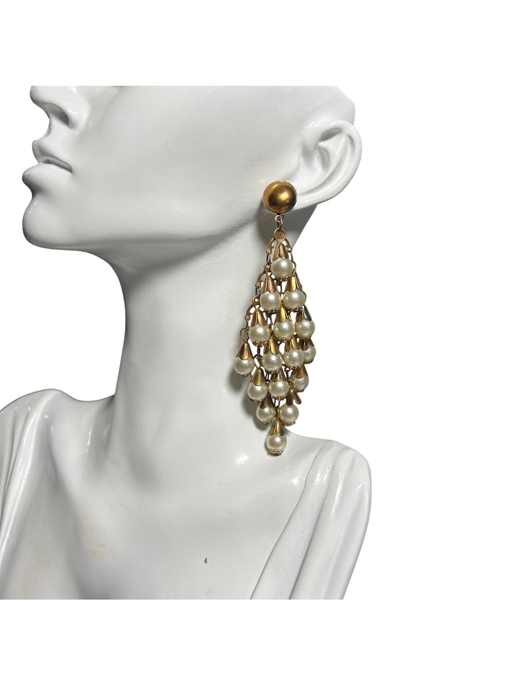 Vintage Faux Pearl Gold Cascade Chandelier Earrings Costume Jewelry